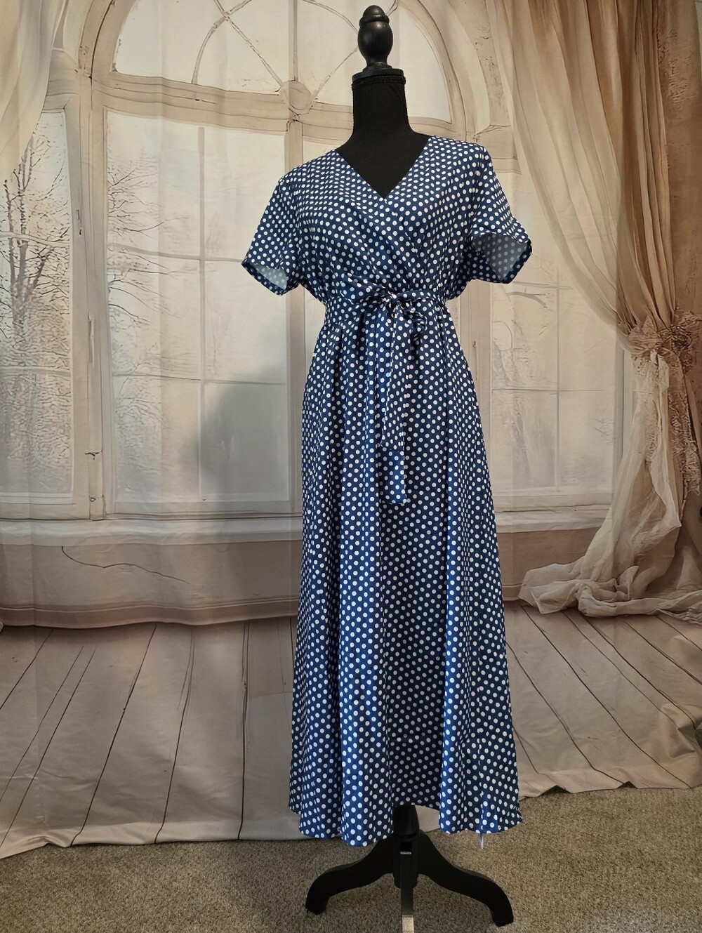 Women’s Blue Polka Dot Wrap Maxi Dress
